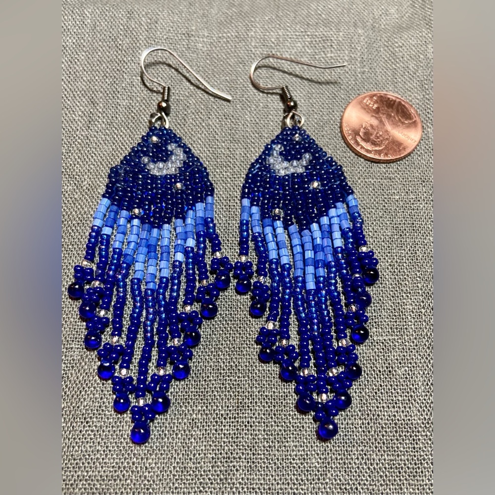 Cobalt Blue with Glow in the Dark Moon Beaded Earrings - Picture 2 of 2